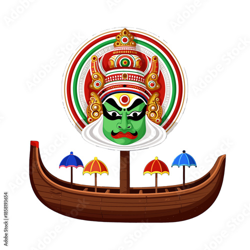 Colorful Kerala Kathakali Mask on Boat Illustration