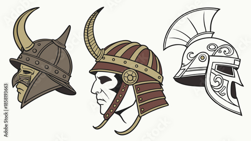 Powerful Historical and Fantasy Warrior Helmets Set Viking Barbarian Greek Armor Illustration