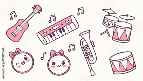 Cute Kawaii Pink Musical Instruments Doodle Set Hand Drawn Cartoon Guitar Keyboard Drums for Childrens Music Education and Nursery Decor