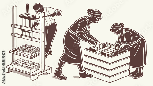Traditional Factory Workers Using Manual Press for Manufacturing and Packaging Goods Industrial Production Line Illustration