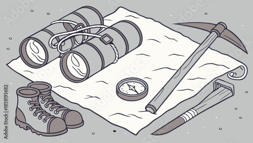 Strategic Exploration Gear Binoculars Map Compass Pickaxe and Hiking Boots for Business Discovery and Research Planning Illustration
