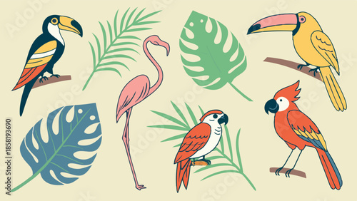 Summer Tropical Birds and Leaves Set Toucan Flamingo Parrot Retro Style Illustration for Travel Design