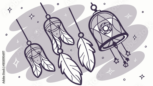 Hand Drawn Mystical Dreamcatchers with Feathers and Stars Line Art Illustration Spiritual Boho Talismans for Wellness Design