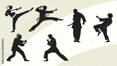 Dynamic Martial Arts Silhouettes Set Kicks Punches and Fighting Stances Self Defense Training Power and Discipline