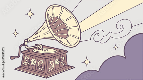 Retro Gramophone Illustration Playing Nostalgic Music Dreamy Vintage Audio Broadcasting Background Design