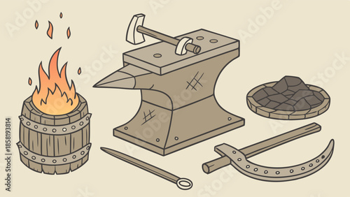 Blacksmith Tools Set Anvil Forge Fire Hammer Coal and Scythe Rustic Vintage Metalworking Craft Equipment Illustration