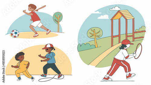 Active Diverse Children Playing Outdoor Sports Physical Education Kids Exercising Running Soccer Tennis and Jumping Rope in Park Setting