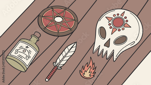 Witchcraft Ritual Tools Illustration Pentagram Skull Potion and Fire Graphic for Halloween Marketing and Esoteric Web Design