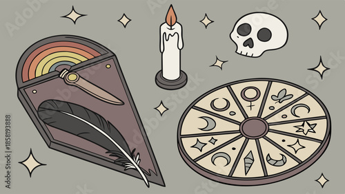 Occult Witchcraft Tools Set Skull Candle Rainbow Coffin Box and Celestial Divination Wheel Mystical Spiritual Graphic Design