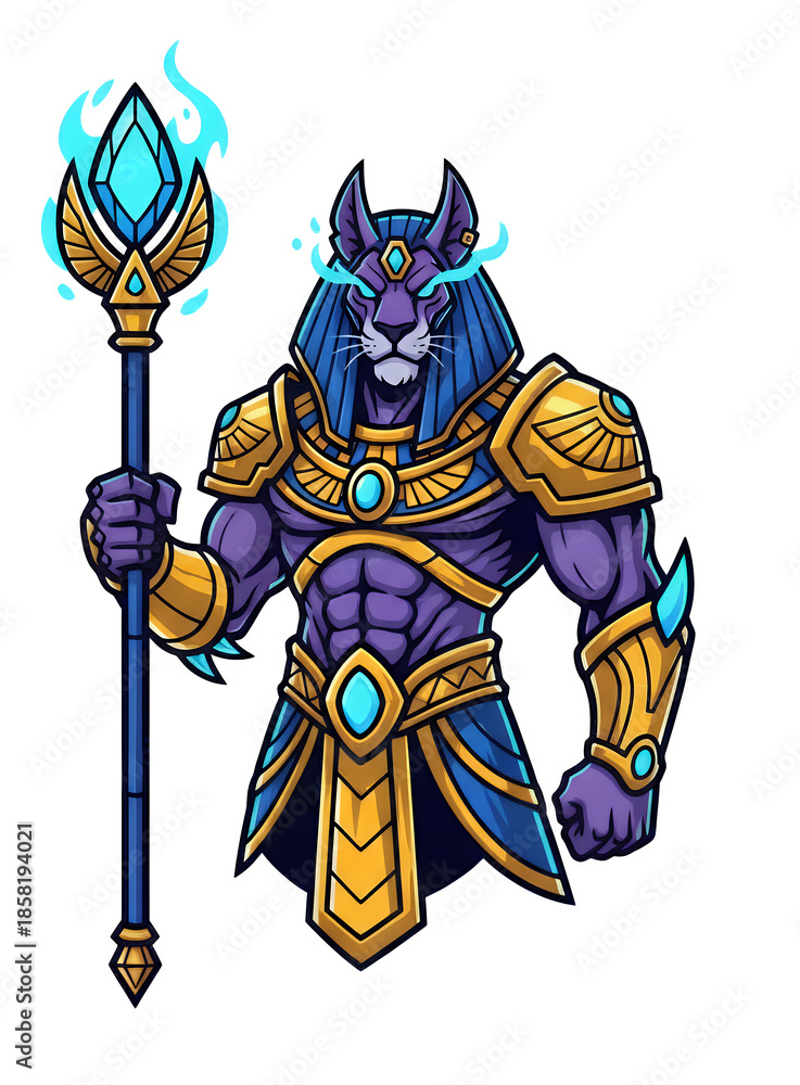 Obraz premium A powerful anthropomorphic lion god adorned in ornate golden and blue armor, holding a glowing staff.