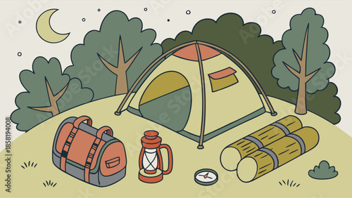 Retro Camping Illustration of Tent Gear Lantern and Firewood Setup in Forest Woods at Night for Outdoor Adventure and Travel Design