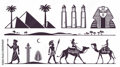 Ancient Egypt Vector Icons Set Pyramids Sphinx Pharaohs Camels Warriors Desert Landscape Silhouette Collection for Travel Design