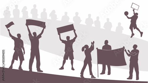 Unified Crowd Silhouettes Holding Signs and Banners for Political Protest Social Justice or Sports Fan Demonstration Rally