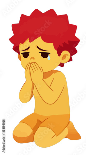 Emotional Cartoon Boy Praying with Tearful Expression