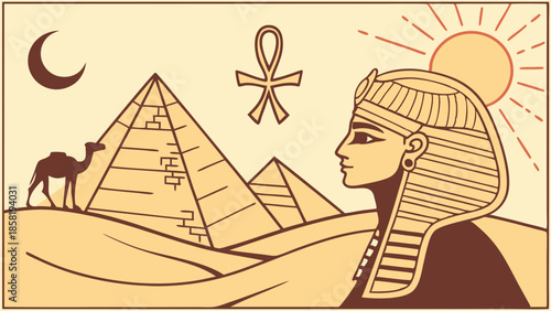 Ancient Egypt Pharaoh Profile Pyramids Ankh Symbol Desert Landscape Travel Illustration Historical Heritage Graphic Design