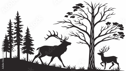 Black Silhouette of Two Majestic Stags Walking Through Forest Wilderness Vector Illustration Rustic Decor and Outdoor Apparel Design