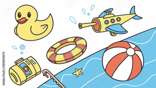 Colorful Swimming Pool Toys Set Doodle Illustration for Summer Vacation and Kids Beach Fun Recreation Accessories and Childhood Playtime