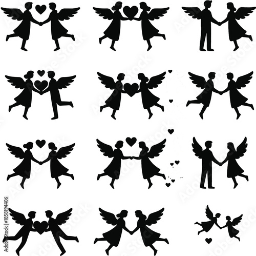 set of vector silhouettes of hearts And angel 