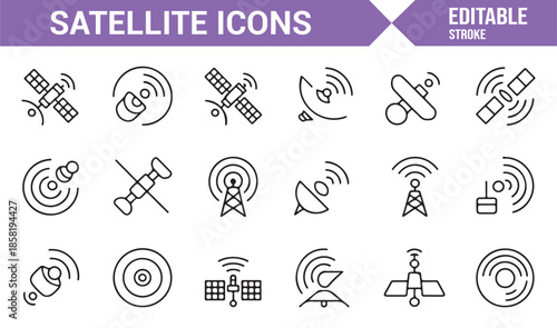 Space communication and satellite signal icons