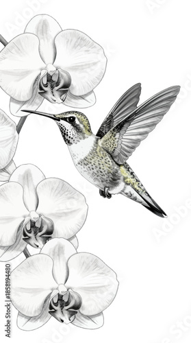 Hummingbird and Orchid Flowers Illustration