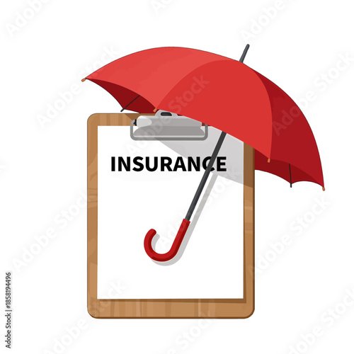 Insurance Clipboard and Red Umbrella Flat Vector Illustration