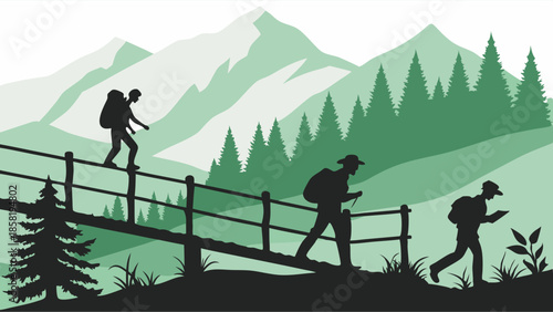 Challenging Mountain Hike Trekkers with Backpacks on a Wilderness Trail Journey and Healthy Lifestyle Exploration Travel Adventure Illustration