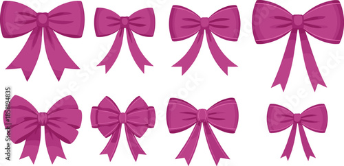 Decorative pink ribbon bow illustration set with elegant shapes in flat style for gift wrapping, invitations, celebrations, and feminine design projects