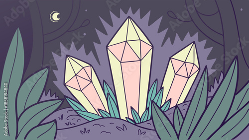 Mystical Glowing Crystals in Night Forest Vector Illustration Spiritual Energy Gemstones Hidden Treasure Fantasy Adventure Background