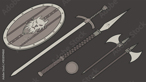 Detailed Vector Illustration of Medieval Fantasy Weapons Set Shield Sword Spear and Axes War Gear Design Asset for Gaming and History
