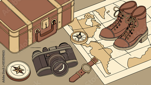 Retro Adventure Travel Planning Flat Lay Illustration Map Compass Camera Boots and Suitcase for Global Exploration