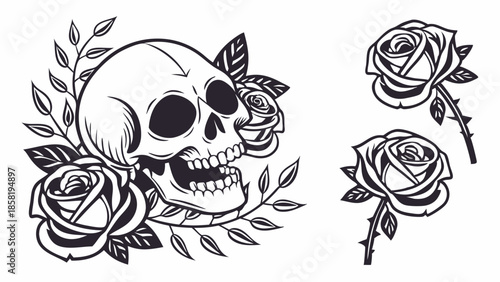 Detailed Skull and Roses Tattoo Design Black and White Vintage Engraving Style Gothic Line Art for Merchandise and Web Graphics