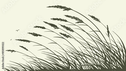Dynamic Silhouette of Wild Grass and Reeds Bending in Strong Wind Vintage Engraving Style Nature Background for Ecology and Design
