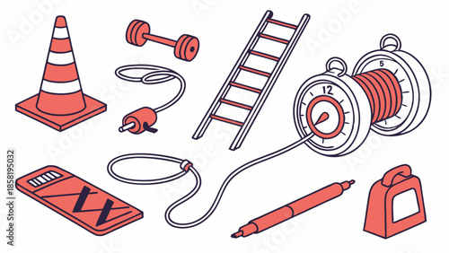 Isometric Fitness Training Tools Progress Measurement Gear Dumbbell Ladder Stopwatch and Safety Cone Illustration