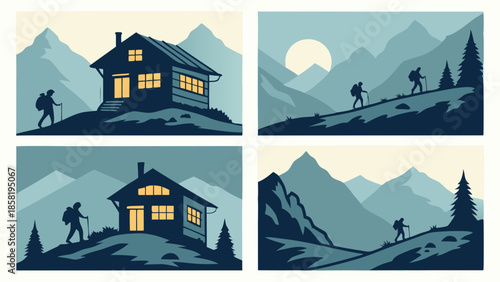 Hiker Trekking to Remote Mountain Cabin Lodge Minimalist Vector Illustration Set Alpine Wilderness Adventure Travel Graphic