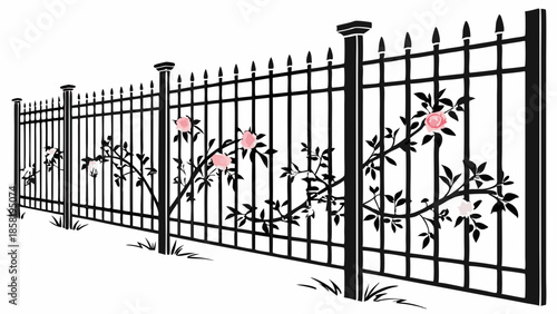 Elegant Black Metal Fence with Decorative Climbing Roses and Pink Flowers Ornate Garden Security Railing Vector Illustration