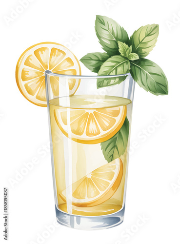 Fresh lemon drink composition painted in soft watercolor tones.