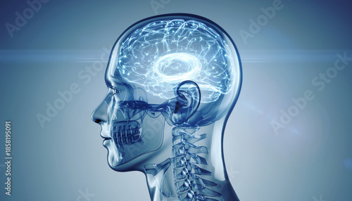 X-Ray Style Human Head with Glowing Brain and Neural Activity