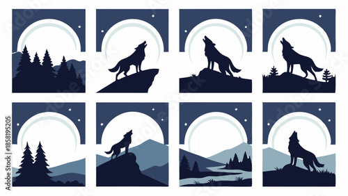 Howling Wolf Silhouette Vector Set Full Moon Night Sky Wilderness Wildlife Icons Nature Logo Graphics Collection