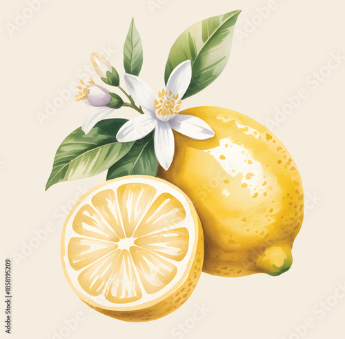 Fresh lemon drink composition painted in soft watercolor tones.
