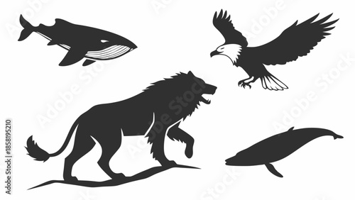 Powerful Apex Predators Vector Silhouettes Lion Eagle Whale Orca Graphic representing Global Strength Leadership and Ecosystem Diversity