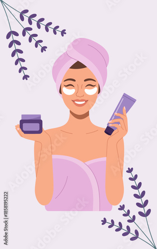 A woman enjoys a relaxing spa treatment, showcasing skincare products. She smiles, holding a cream and gel while wearing a towel and spa head wrap, promoting self-care.