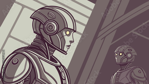 Two Focused Androids Meeting in Futuristic Facility Robotics Automation and Artificial Intelligence Technology Surveillance Graphic Style