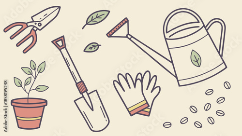 Home Gardening Tools Doodle Illustration Set Shovel Watering Can Seeds Plant Growth Spring Season Hobby Supplies Vector Line Art