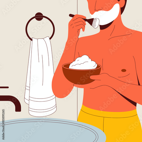 A man applies shaving cream thoughtfully as he prepares to shave in a contemporary bathroom setting, reflecting the daily rituals of self-care and personal grooming routines.