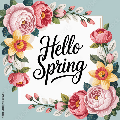 This beautiful floral design features pink peonies and yellow flowers, elegantly framing the phrase 'Hello Spring' against a serene blue background, signaling new beginnings.