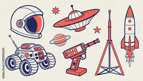 Mid Century Modern Retro Space Adventure Doodle Set Rocket Ship UFO Ray Gun Astronaut Helmet Exploration Graphics for Kids and Gaming Design Elements