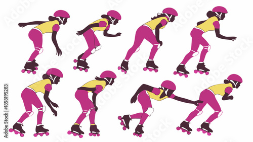 Dynamic Woman Roller Skating Poses Sequence Vector Illustration Active Fitness Training Sport Movement Graphic for Health and Web Design