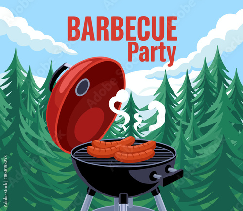 An energetic illustration of a barbecue party setup featuring sizzling sausages on a grill amidst a backdrop of majestic evergreen trees, evoking fun, community, and outdoor enjoyment.