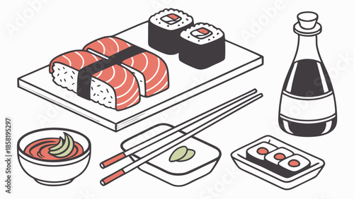 Isometric Sushi Dinner Set Illustration Salmon Nigiri Maki Rolls Chopsticks Soy Sauce Japanese Food Menu Graphic
