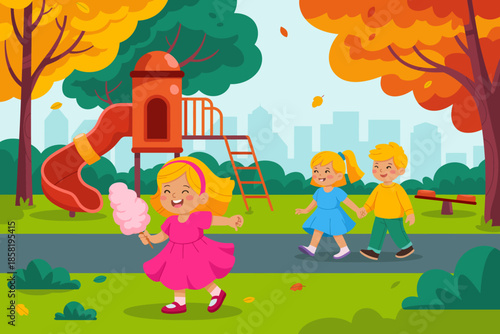 A vibrant park scene with children playing, one girl joyfully running with cotton candy, while two friends walk together near a playground with autumnal trees in the background.